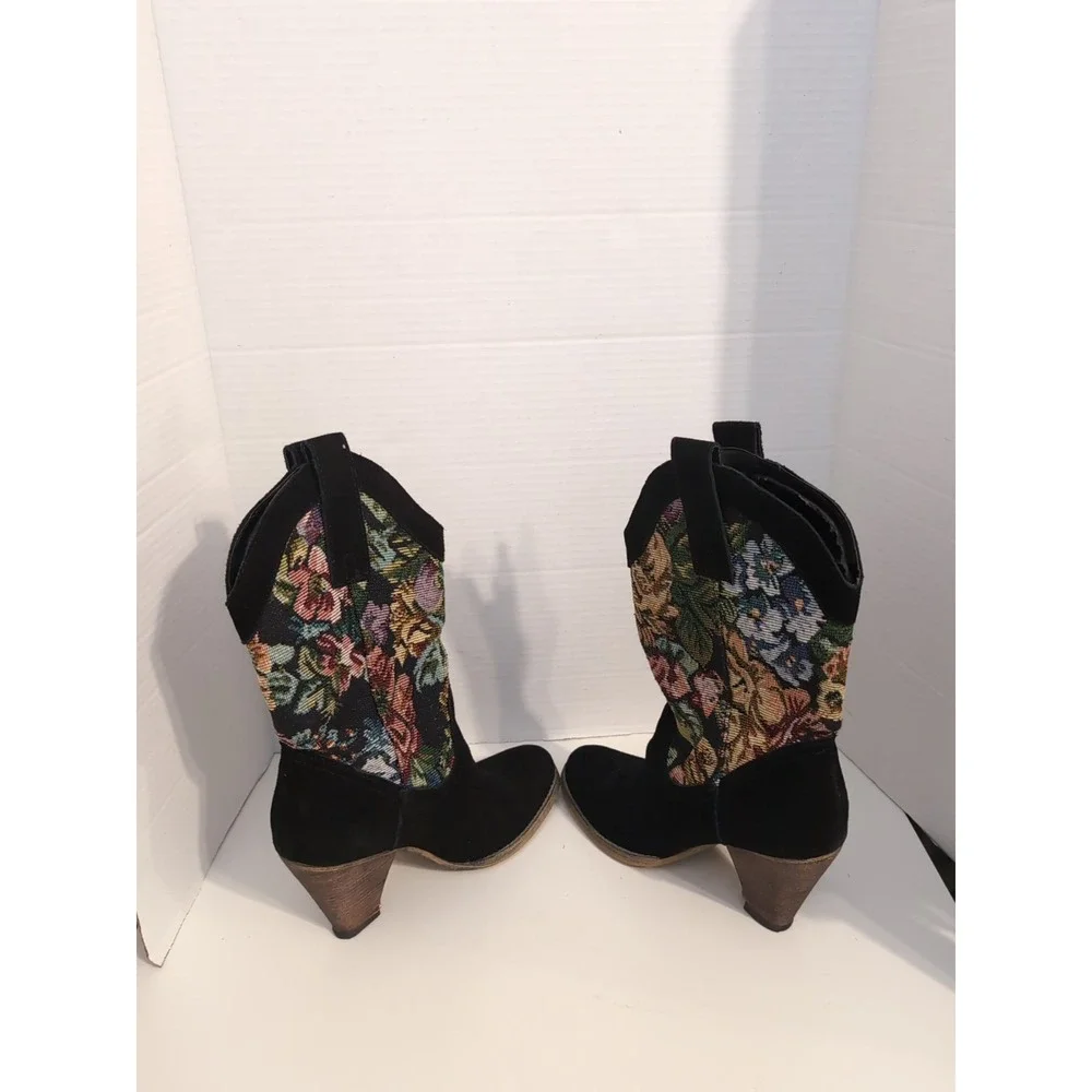 Vtg Very Volatile Women's Floral Tapestry Suede Heeled Cowgirl Boots 7.5 Cottage